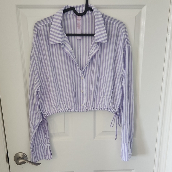 Savage X Fenty Coastal Striped Purple Woven Voile Button-Up Crop Top Large - Picture 3 of 6